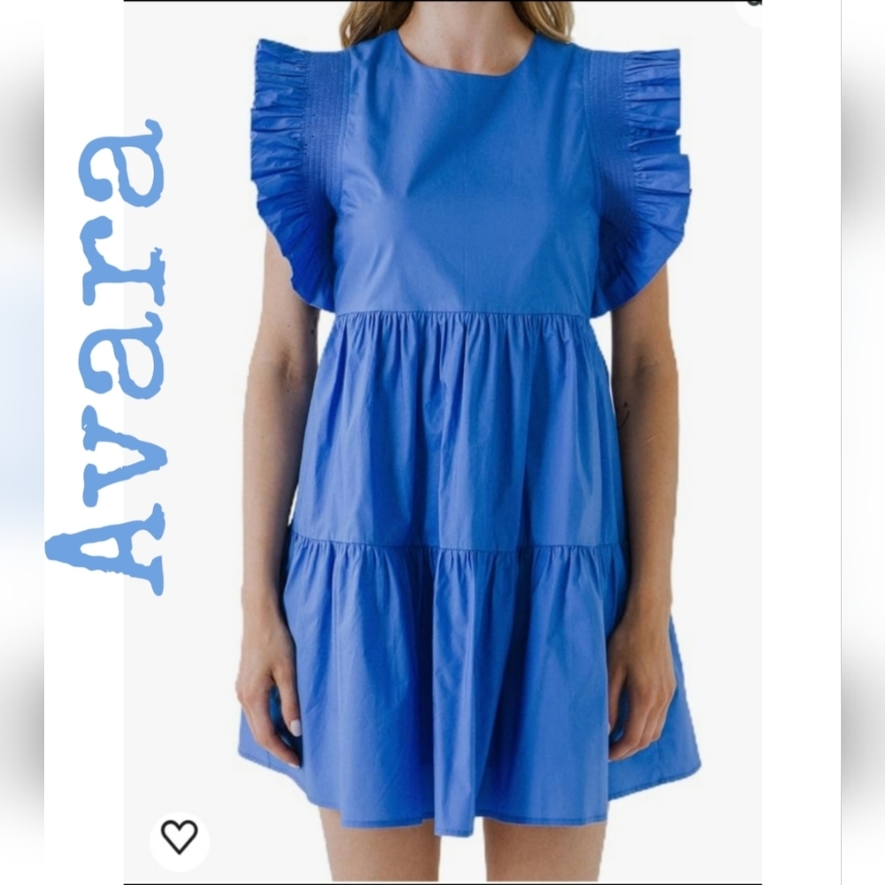 Avara Womens Baby Doll Mini Ruffle Tiered Dress Sz M Spring Summer Blue Cotton